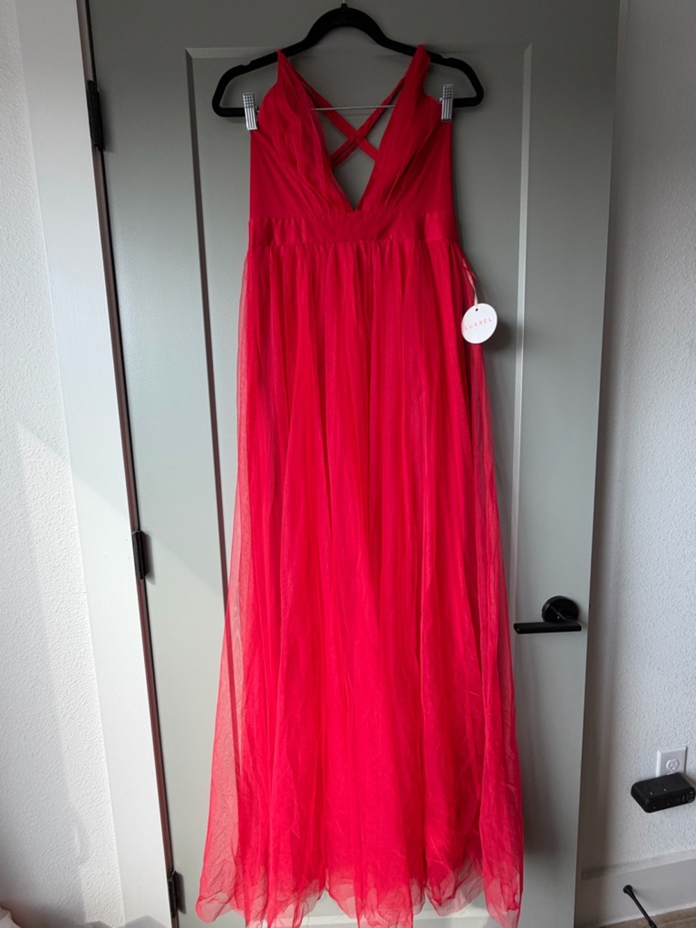 Luxxel Red V-Neck Crisscross Tulle Gown